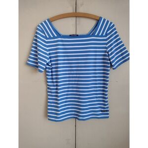 Saint James Sz 40 Blue White Stripe Square Neck Stretch Short Sleeve Top Brenton